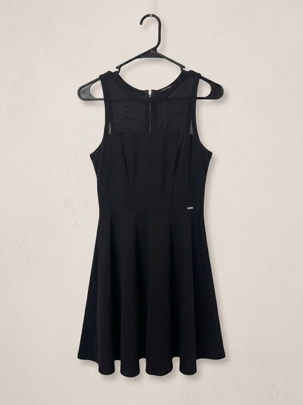 GUESS Black Fit & Flare Dress Sheer Mesh Bodice Back Zip